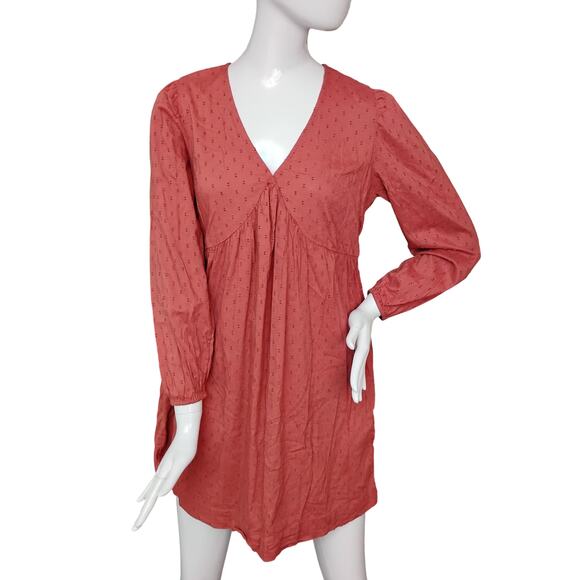 Old Navy Clip Dot  Mini Swing Dress XS A Little Rusty Color Pockets Long Sleeve - Picture 2 of 10